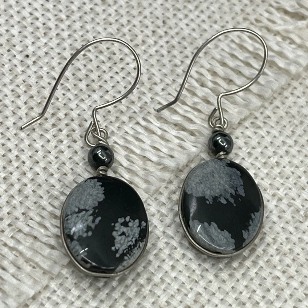 Handmade Vintage 1990's Snowflake Obsidian & Black Pearl Earrings - Picture 12 of 16
